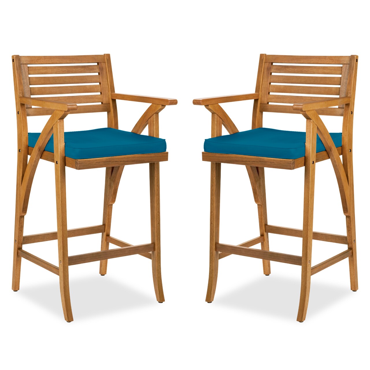 Best Choice Products Set of 2 Outdoor Acacia Wood Bar Stools Bar Chairs w/ Weather-Resistant Cushions